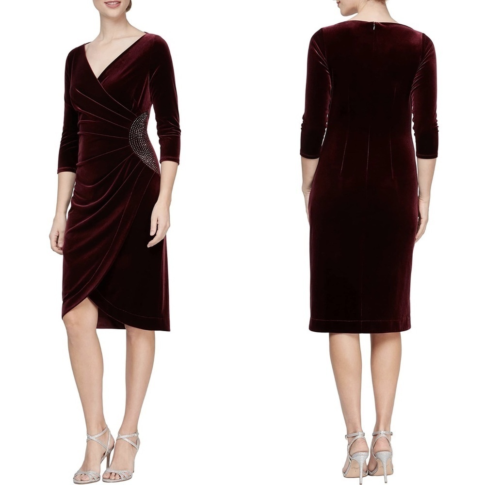 NWT Alex Evenings Embellished Waist 3/4 Sleeve Draped Velvet Midi Dress in Wine
